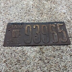 Antique 1918 Pennsylvania License Plate 93965 Vintage PA Keystone Embossed Steel